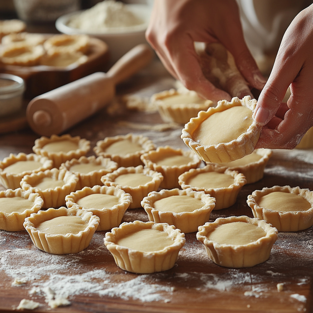 Hands shaping mini tart shells in a home kitchen, carefully placing dough into tart tins with baking tools on the countertop.