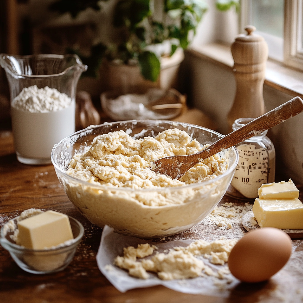 A home baking scene showing a mixing bowl filled with sour cream cookie dough, surrounded by key ingredients like flour, butter, sour cream, and eggs.