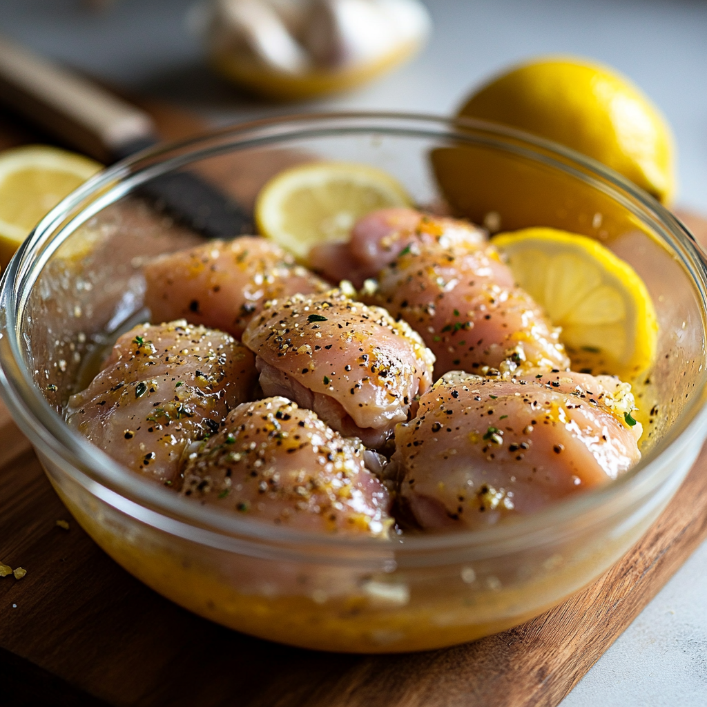 Raw chicken thighs being marinated in lemon, olive oil, garlic, and oregano for Greek lemon chicken preparation on a kitchen countertop.