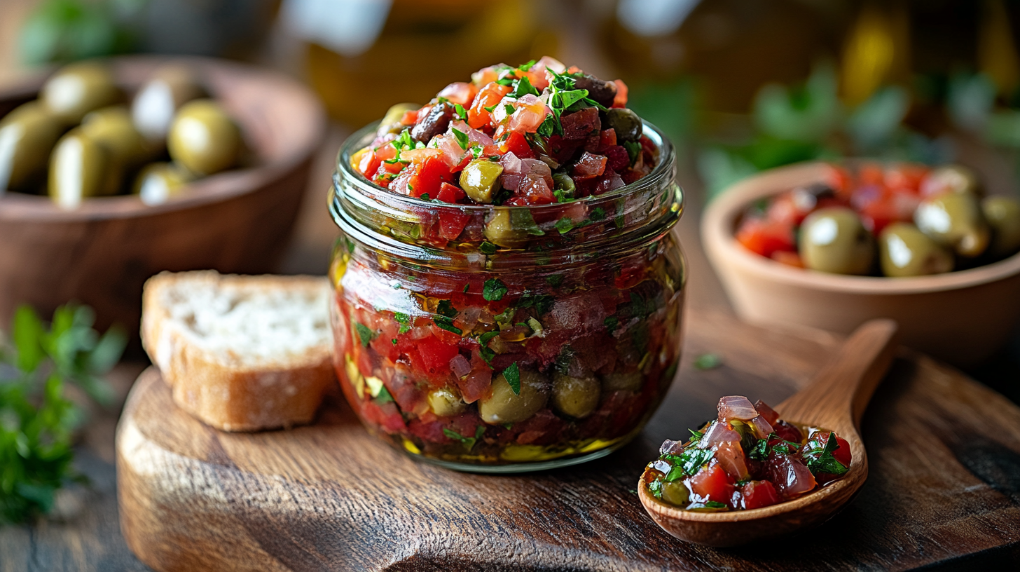 Homemade muffaletta olive mix in a glass jar on a wooden board, with olives, giardiniera, and capers, served on crusty bread.