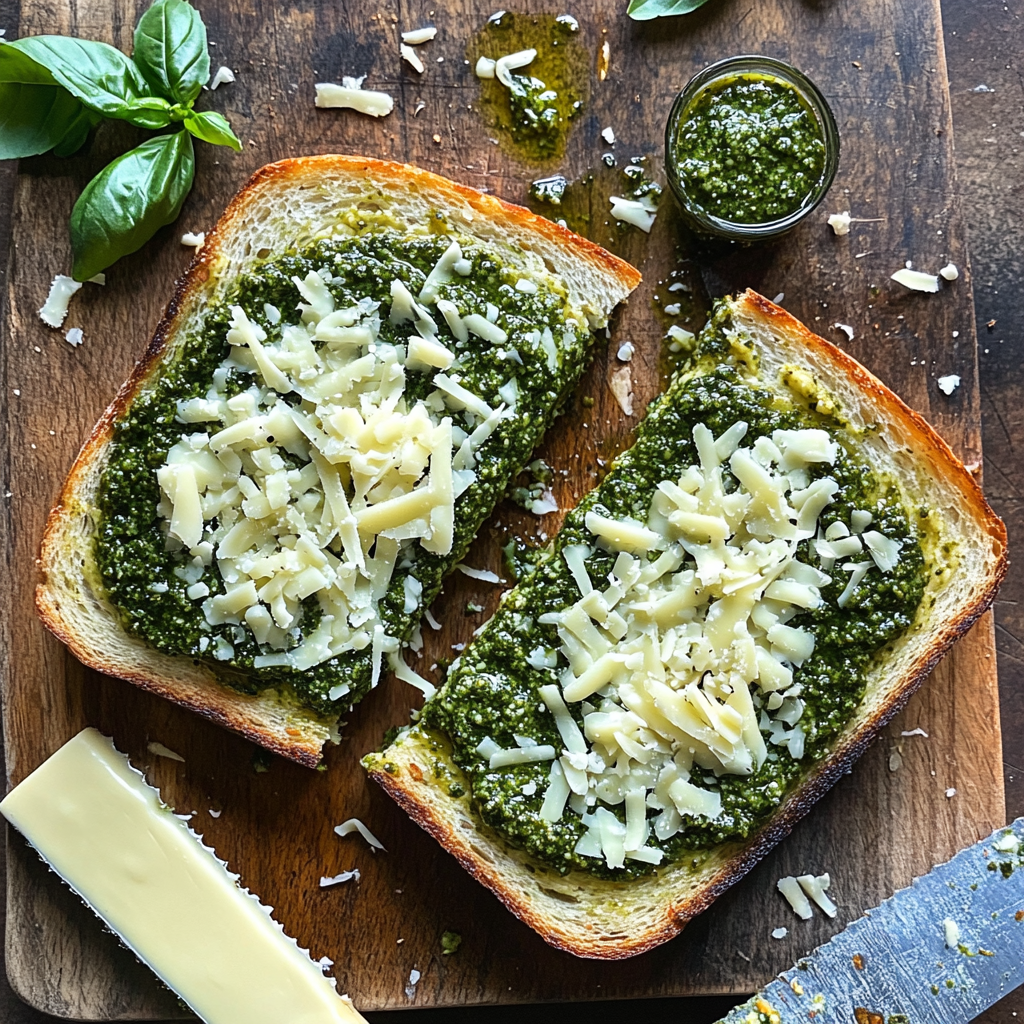 Crispy pesto grilled cheese sandwich with melted mozzarella and cheddar, served on a wooden plate with fresh basil and pesto.