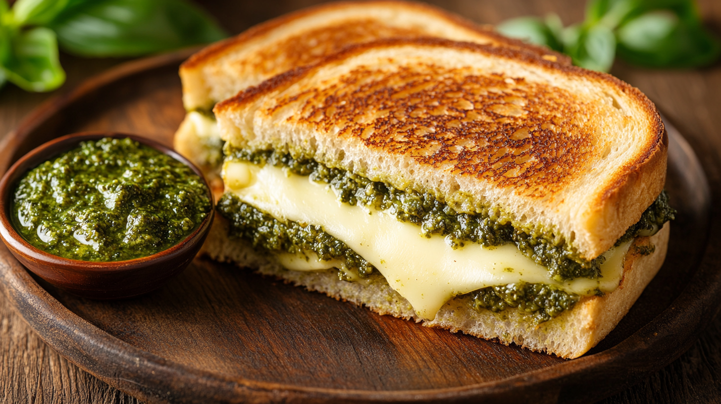 Crispy pesto grilled cheese sandwich with melted mozzarella and cheddar, served on a wooden plate with fresh basil and pesto.