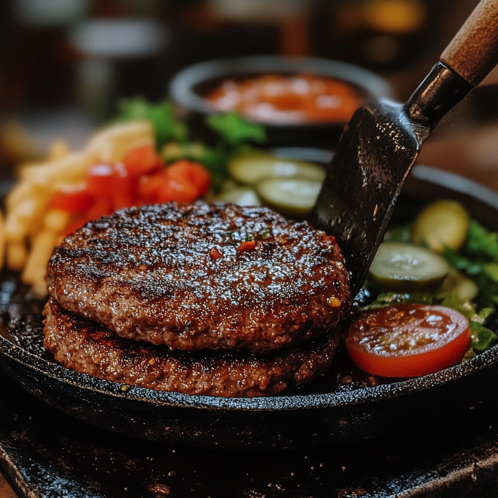 A Chilis Smash Burger being prepared on a cast-iron skillet, with toppings and signature sauce displayed on a kitchen counter.