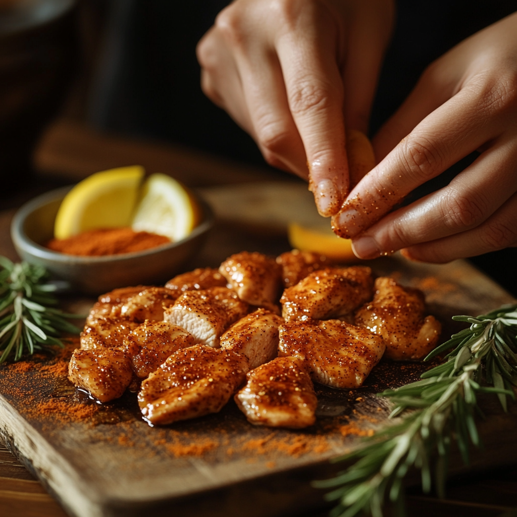 Home kitchen preparation of Cinnamon Queen Chicken with seasoning, including cinnamon, paprika, and garlic powder, on a wooden cutting board with fresh ingredients.