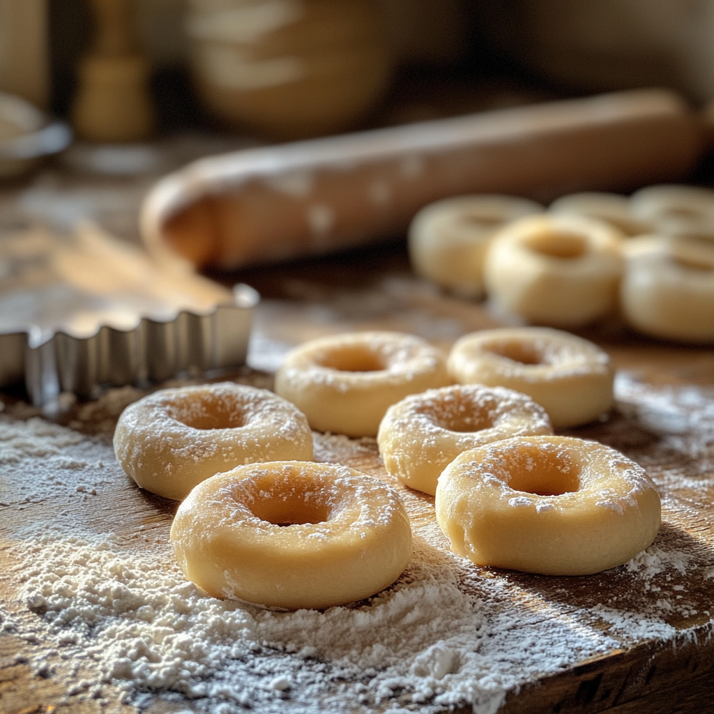 Preparing Granny’s Donuts Recipe dough on a floured surface with donut shapes cut out, featuring a rolling pin and cutter in a rustic kitchen setup.