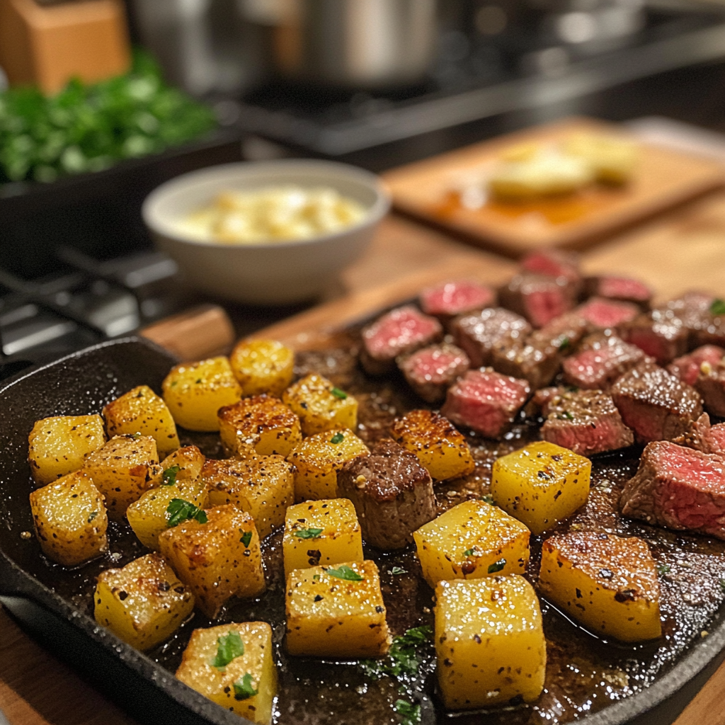 preparation of garlic butter steak bites and potatoes