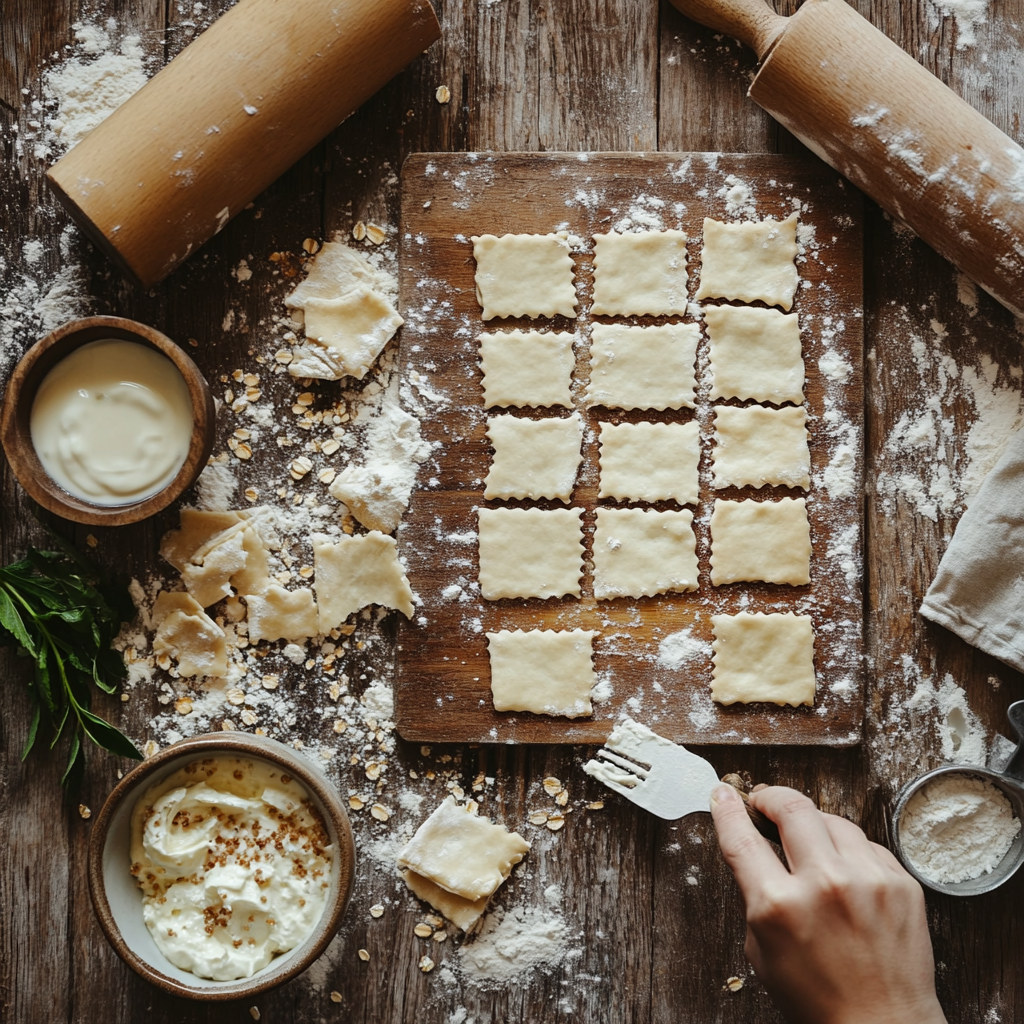 Preparing protein pop tarts at home with rolled-out dough, protein-rich filling, and baking tools on a wooden surface, capturing the homemade baking process.