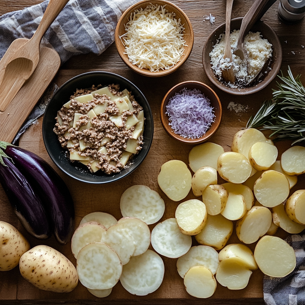 Preparation of Greek moussaka recipe with sliced eggplants, potatoes, béchamel sauce, spiced meat, and cheese arranged on a kitchen counter.