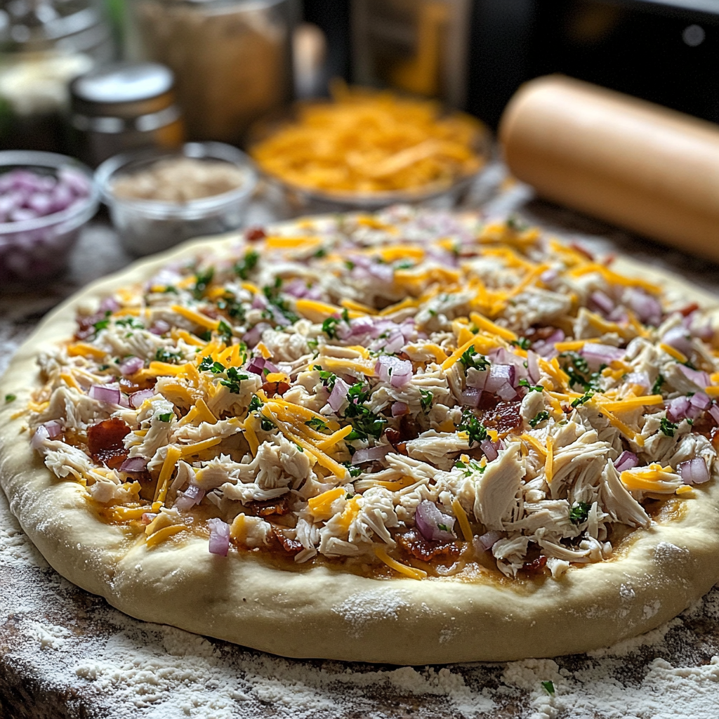 Chicken bacon ranch pizza assembly with rolled-out dough, ranch dressing, shredded chicken, bacon, and cheese on a floured countertop.