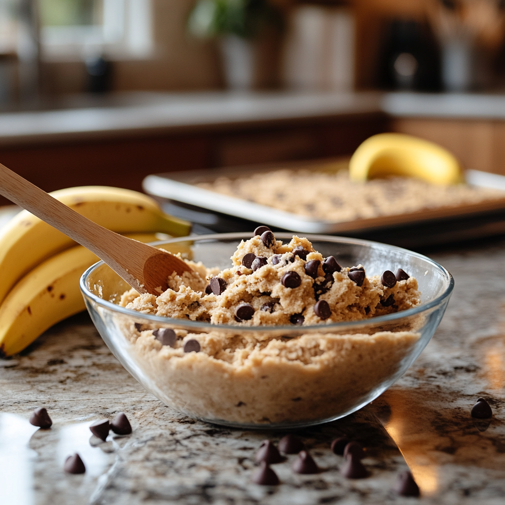 Homemade banana bread cookies dough in a mixing bowl with ripe bananas, chocolate chips, and a wooden spoon, ready for baking in a cozy kitchen setting.