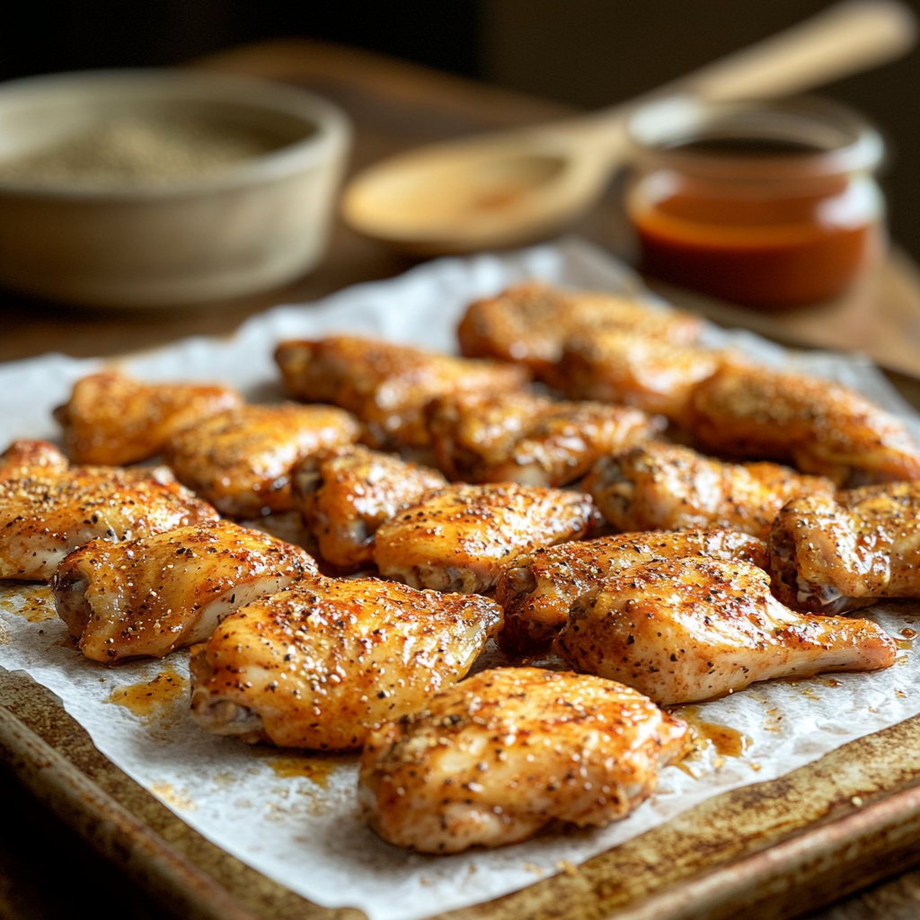 Raw chicken wings seasoned with spices on a baking tray, prepped for baking in the oven to make baked BBQ chicken wings.