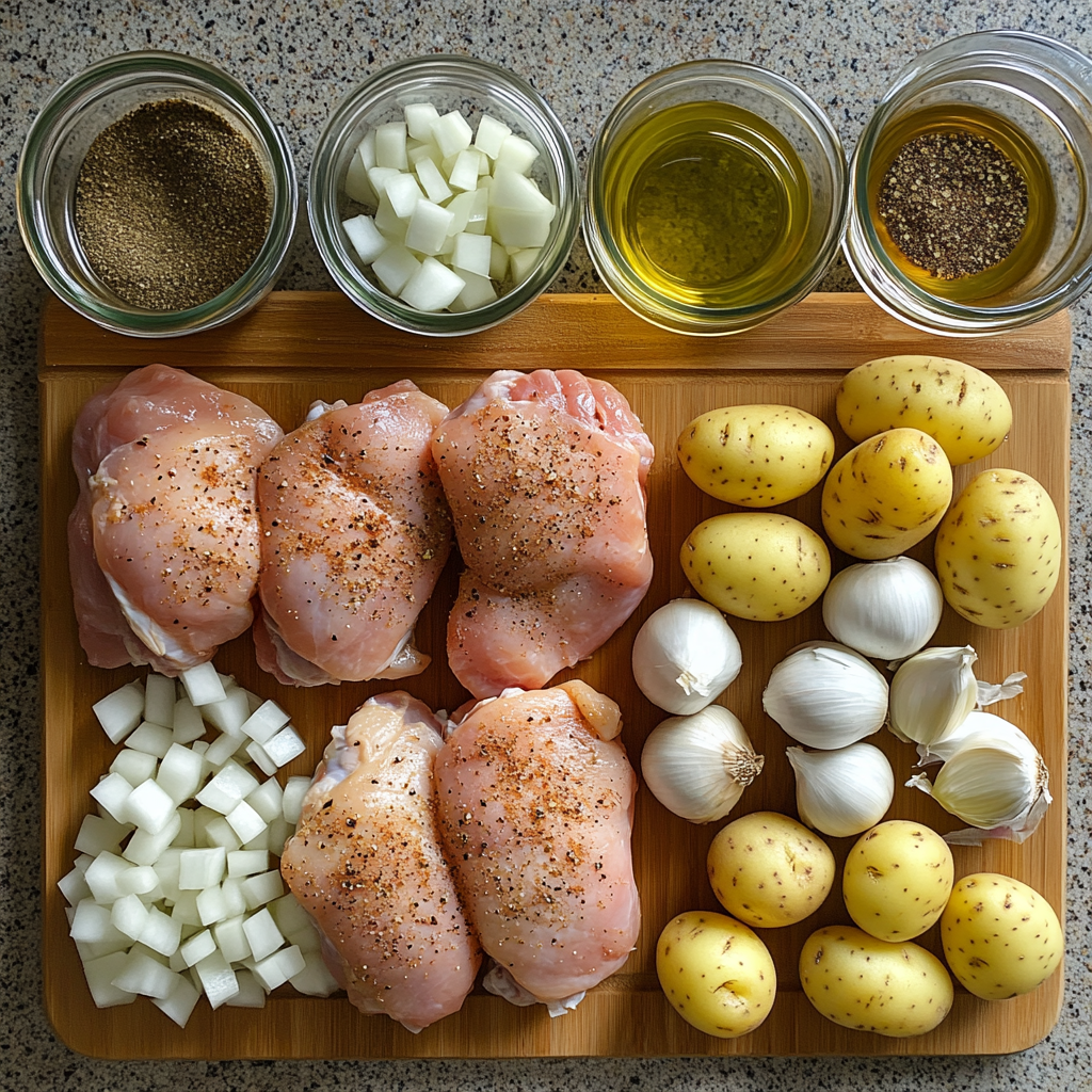 Prepped ingredients for chicken instant pot recipes including seasoned chicken thighs, baby potatoes, diced onions, and garlic, ready for cooking.