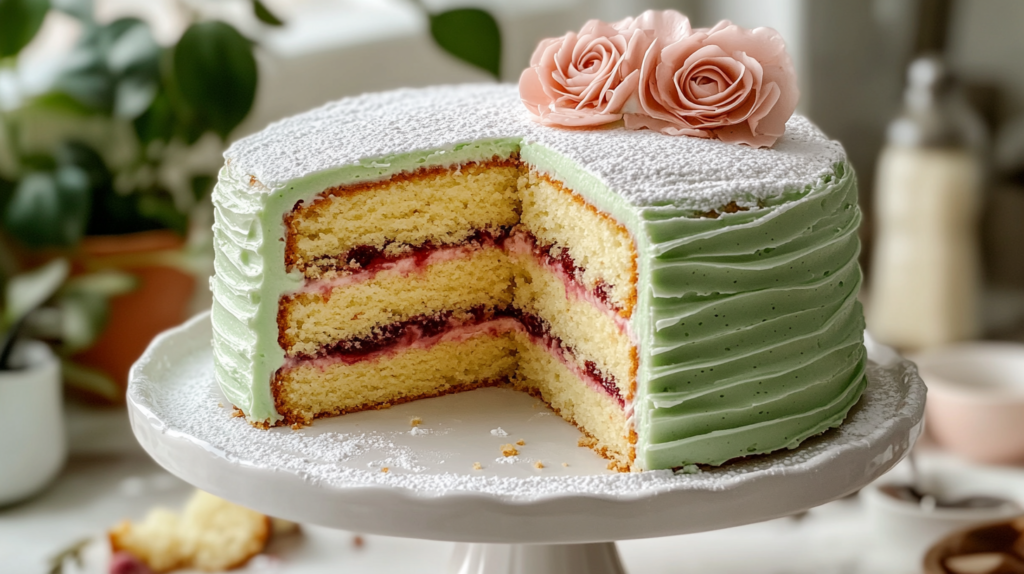 Homemade princess cake with green marzipan, a pink rose on top, and a slice revealing sponge cake, raspberry jam, vanilla custard, and whipped cream