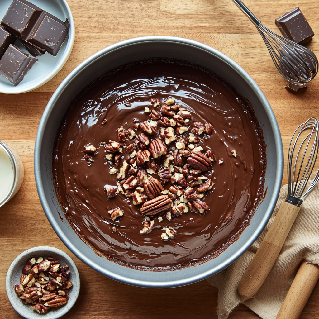  The baking process of German Chocolate Pecan Pound Cake, showing a Bundt pan filled with chocolate batter, melted German chocolate, and chopped pecans on a wooden countertop.