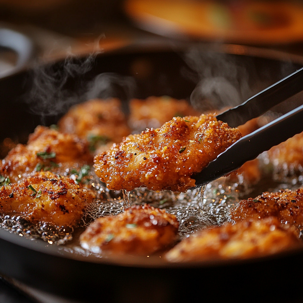 KFC Hot Nashville Chicken being fried in a cast-iron skillet, showing its golden, seasoned coating in bubbling oil.