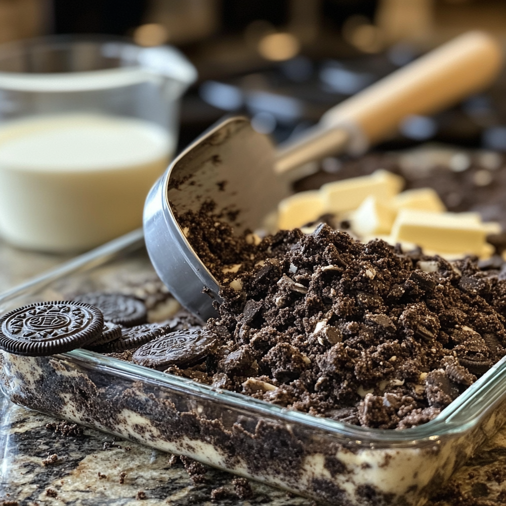 Process of making Oreo lasagna crust with crushed Oreos and melted butter in a glass baking dish, showing tools and ingredients on a home kitchen counter.