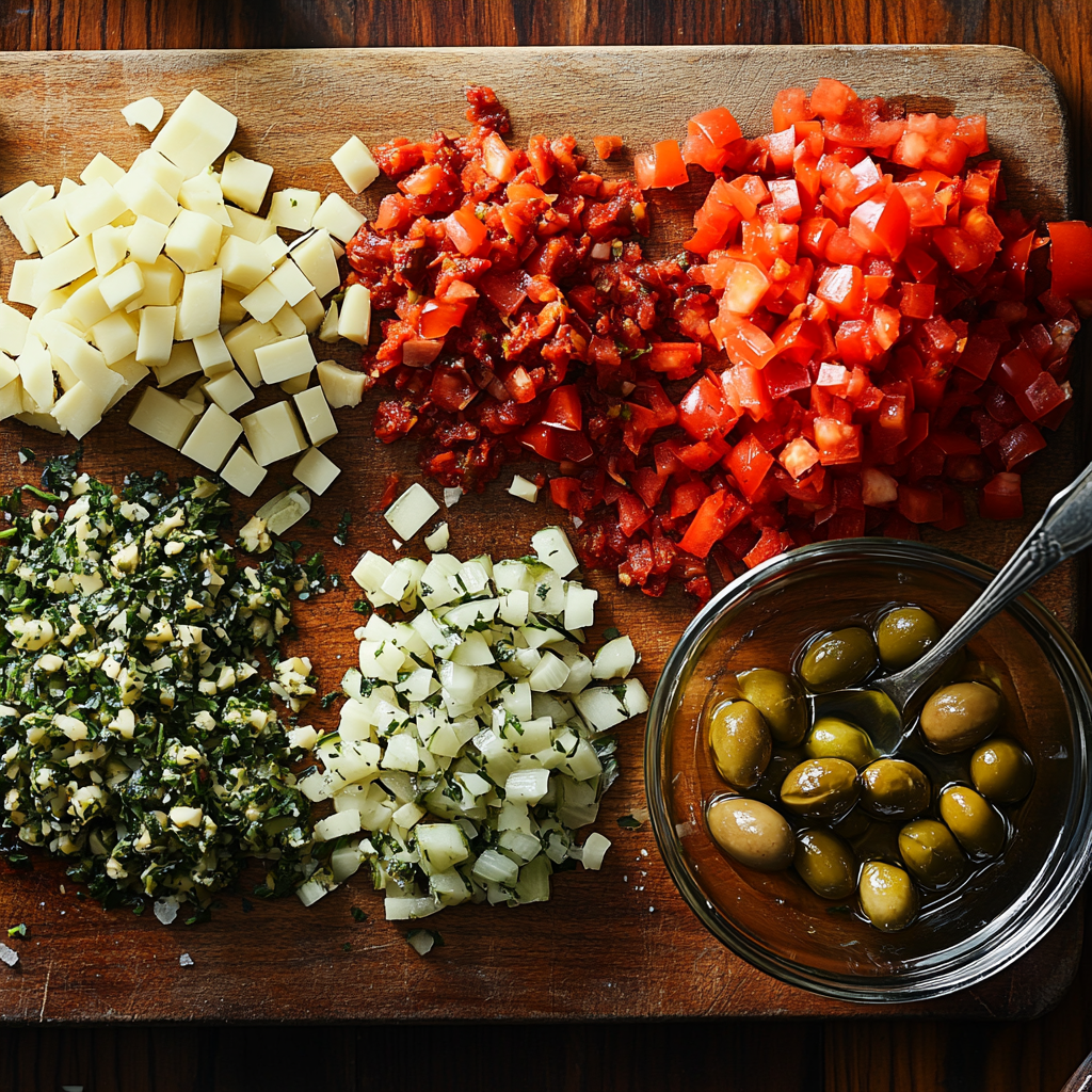 Chopped olives, giardiniera, and capers on a wooden cutting board, showing the preparation process of muffaletta olive mix.