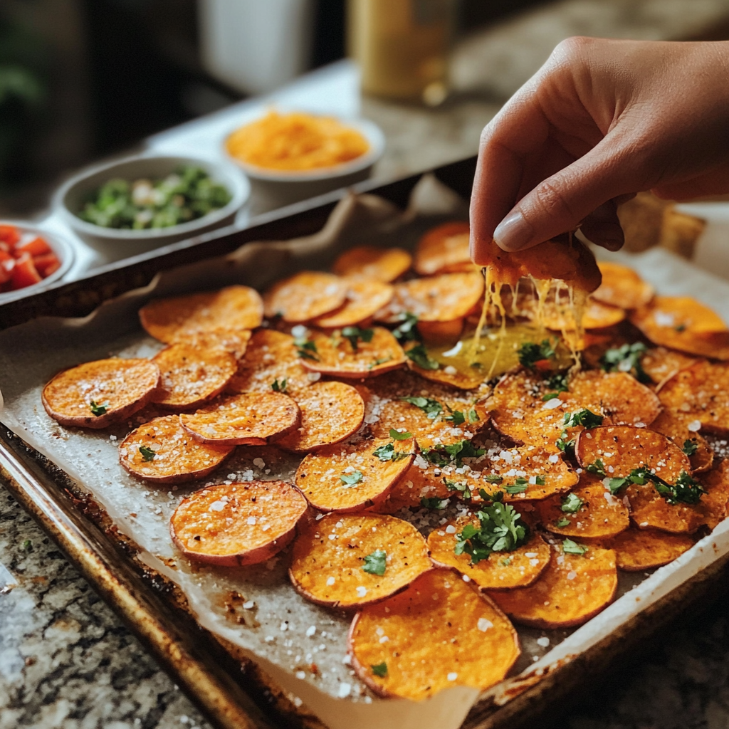 Thinly sliced sweet potatoes arranged on a baking sheet, drizzled with olive oil and seasoned, with bowls of cheese, beans, and toppings ready for assembling sweet potato nachos.