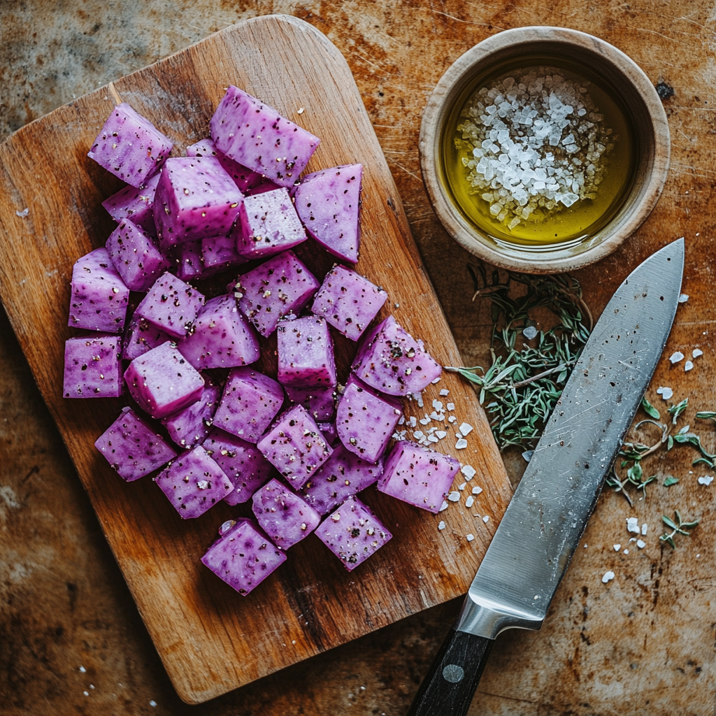 Freshly chopped purple sweet potatoes on a wooden cutting board, ready for seasoning and cooking.