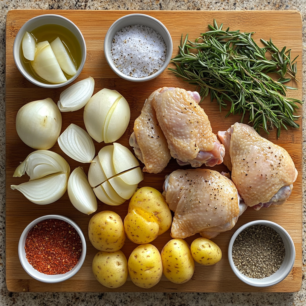 Ingredients for slow cooker chicken and potatoes, including raw chicken thighs, baby potatoes, onions, garlic, and seasonings on a cutting board.