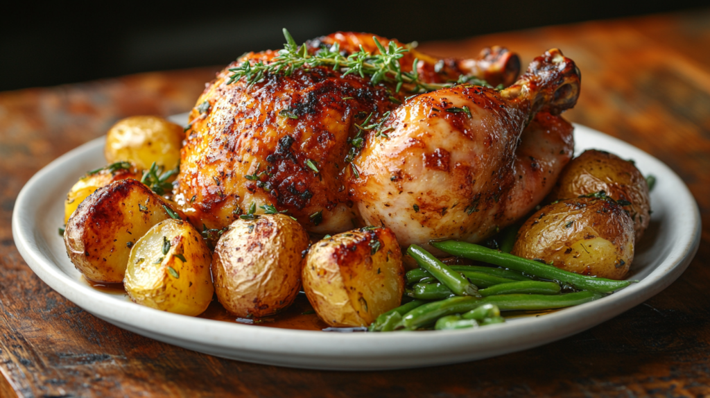 Homemade roasted chicken and potatoes with crispy skin, seasoned with rosemary and thyme, served on a white plate with green beans. A cozy, home-cooked meal captured in natural lighting.