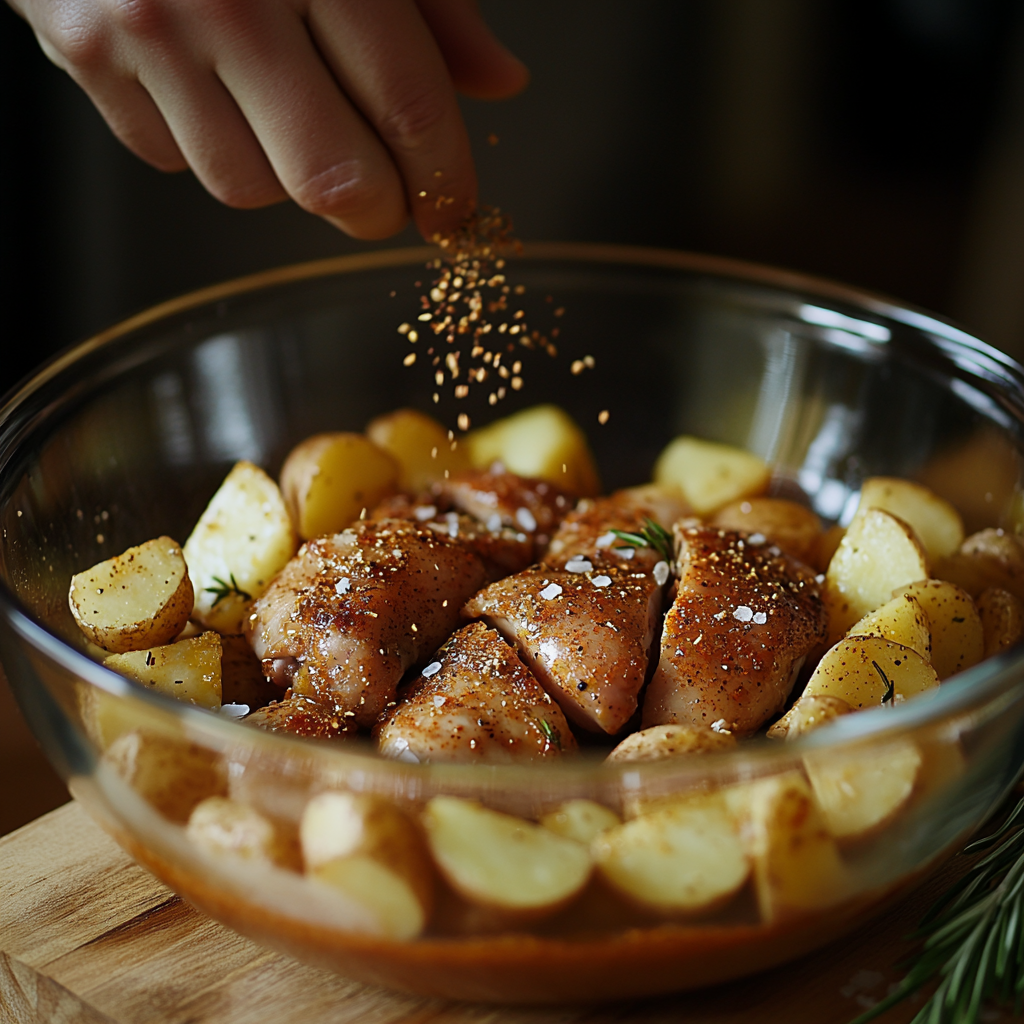 Raw chicken thighs marinated with olive oil, garlic, and paprika in a glass bowl, alongside freshly chopped baby potatoes on a wooden cutting board, ready for roasting.