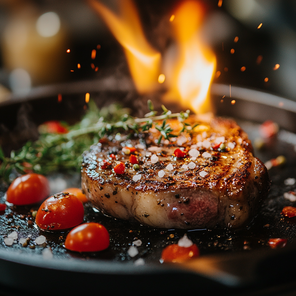 A perfectly cooked ranch steak being seared on a cast-iron skillet, with fresh herbs, coarse salt, and black pepper scattered around. The image captures the steak's rich, caramelized exterior, highlighting the cooking process.