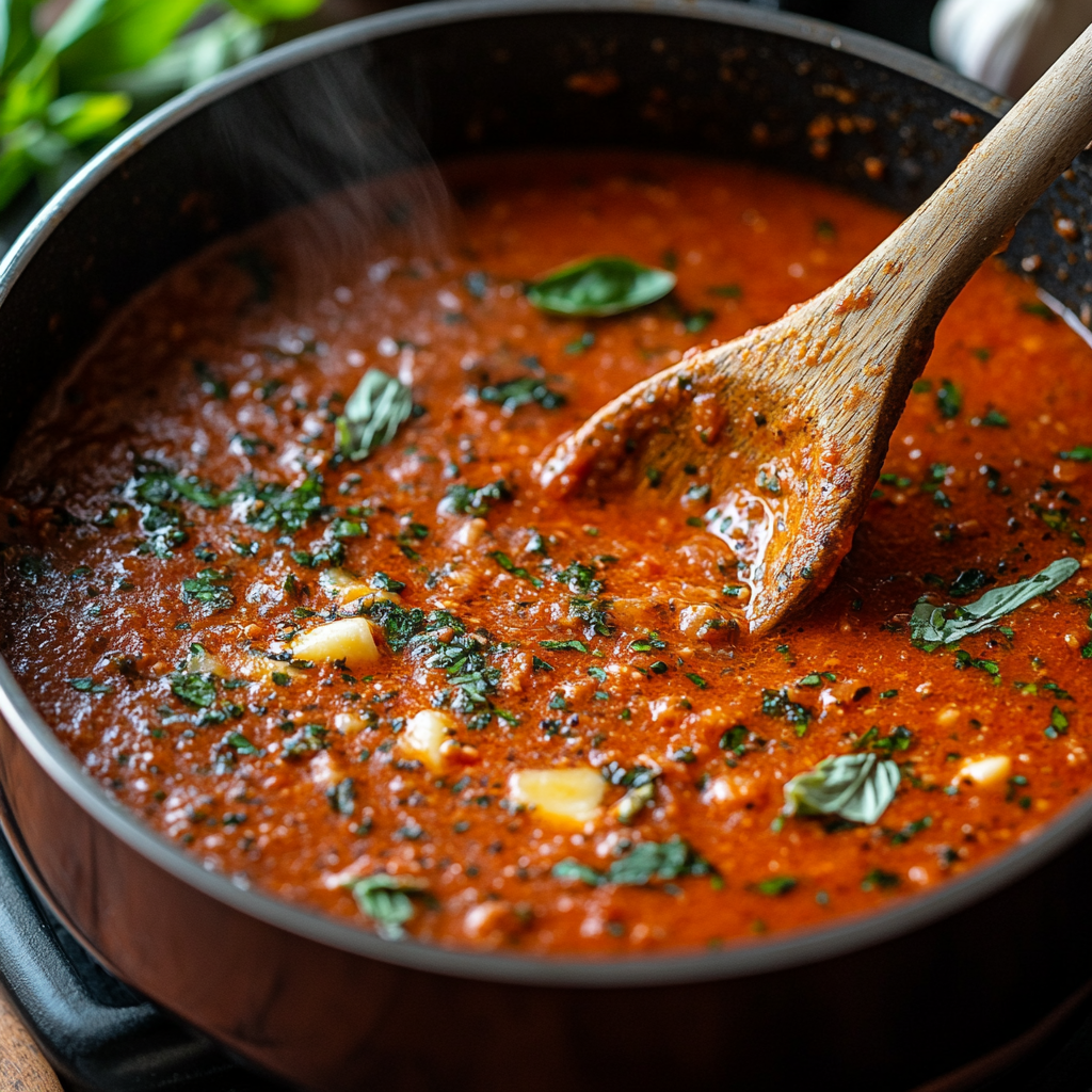 A saucepan of simmering Five Cheese Marinara sauce being stirred with a wooden spoon, with visible melted cheese and fresh ingredients on the counter.