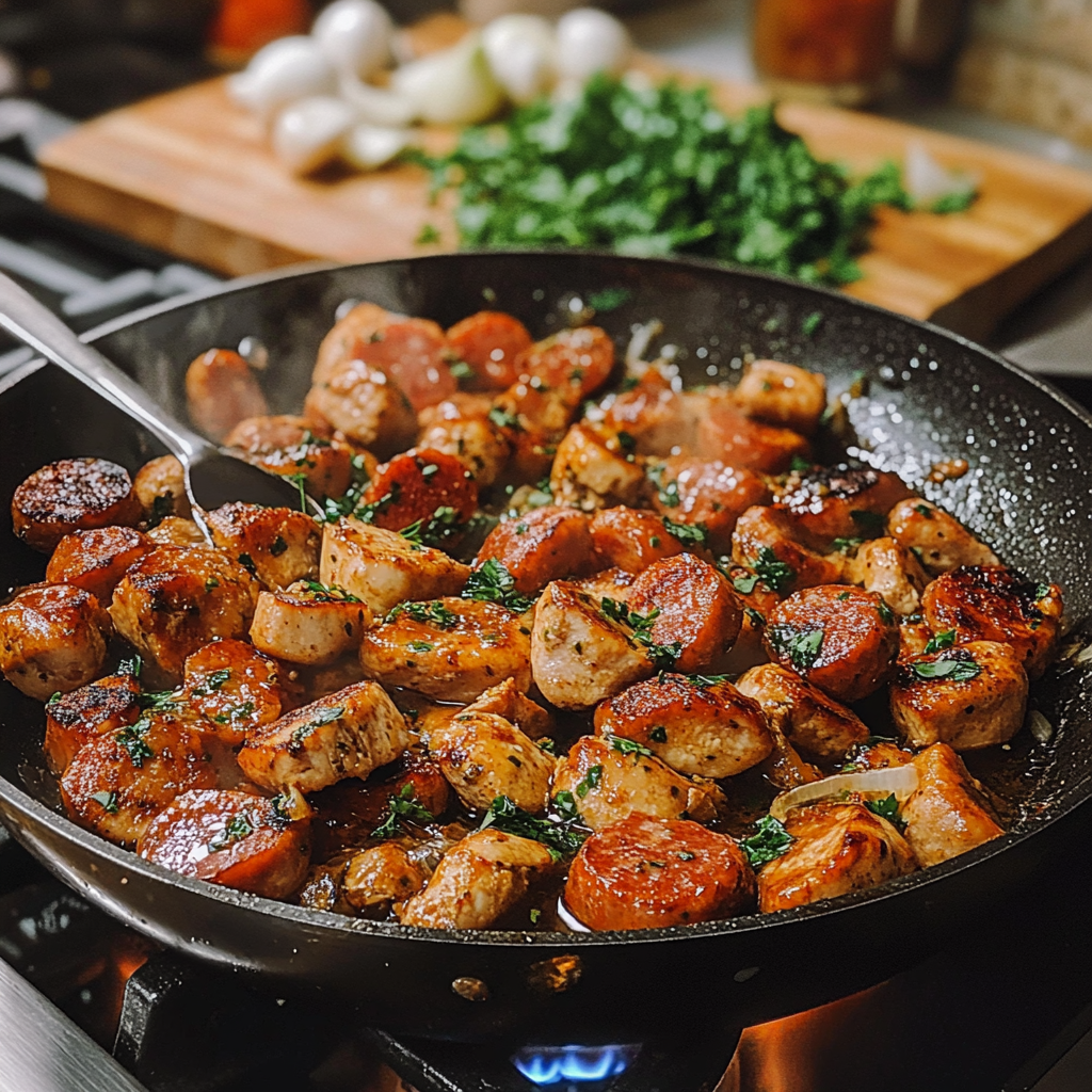 Step-by-step preparation of creamy chicken and chorizo pasta, showing sautéed chicken and chorizo in a skillet with fresh ingredients nearby.