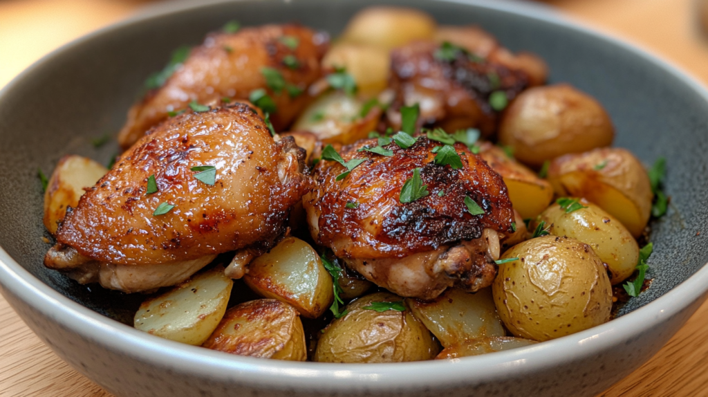 Final dish of slow cooker chicken and potatoes with golden-brown chicken thighs, tender potatoes, and fresh parsley, served on a rustic plate.