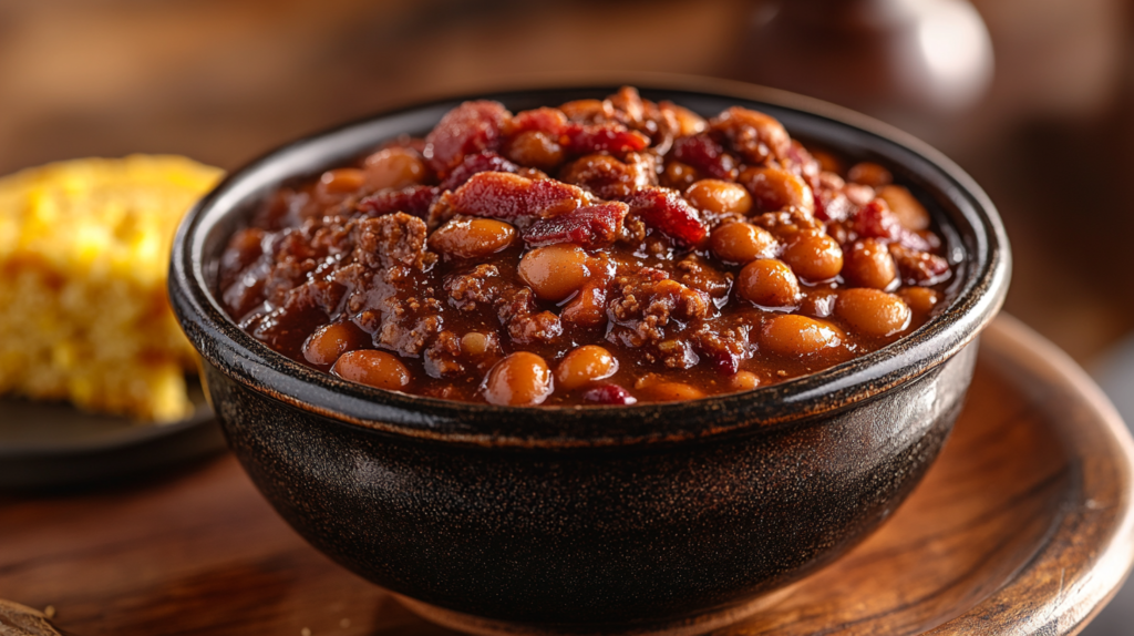 A hearty bowl of slow cooker cowboy beans with ground beef, bacon, and mixed beans in a rich, smoky sauce, served with cornbread on a rustic wooden table.