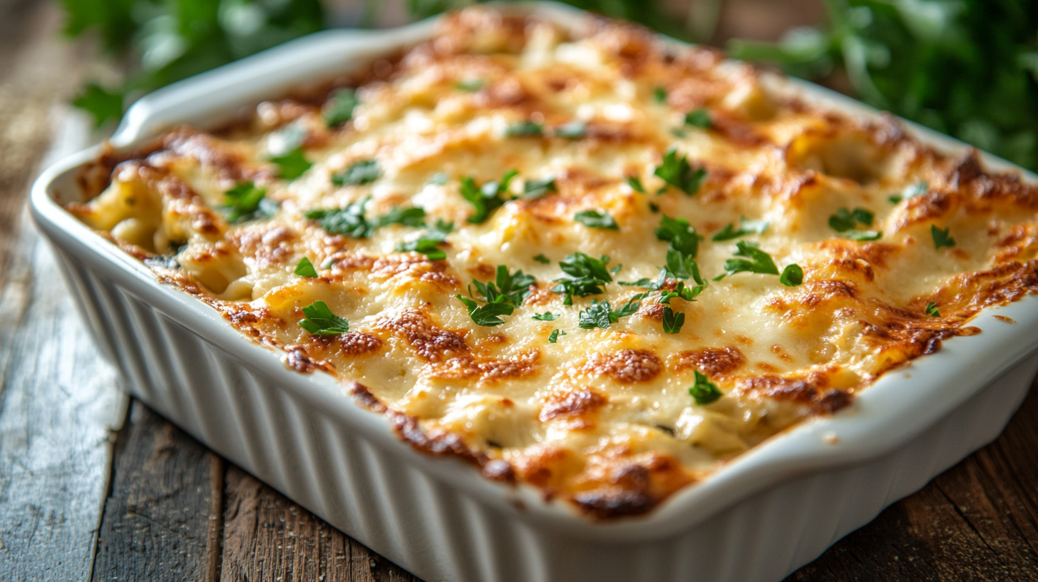 Golden and creamy artichoke and spinach casserole with pasta in a white ceramic dish, garnished with parsley on a rustic wooden table.