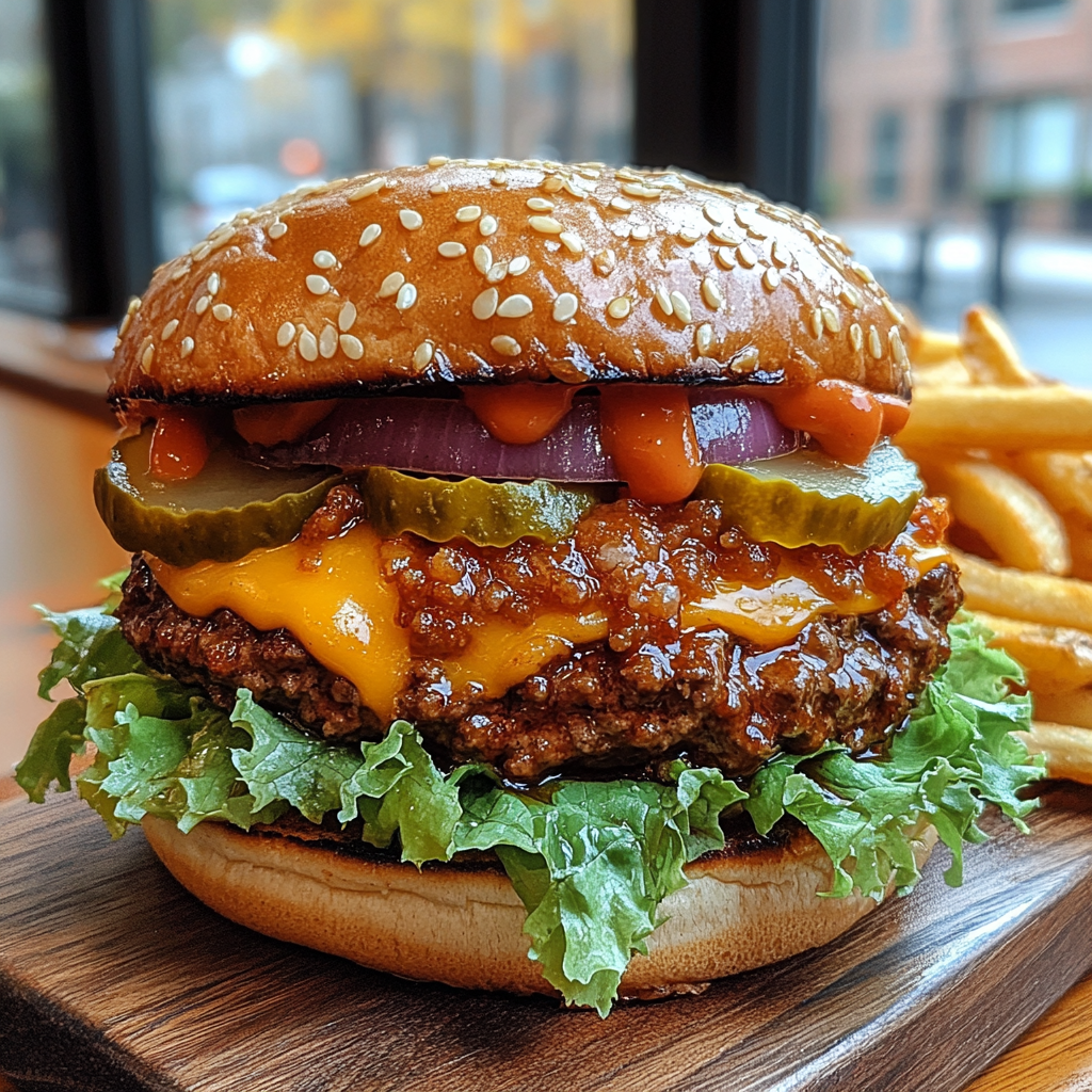 A freshly prepared Big Smasher Burger Chili's with melted cheese, fresh toppings, and a toasted brioche bun served on a wooden board.