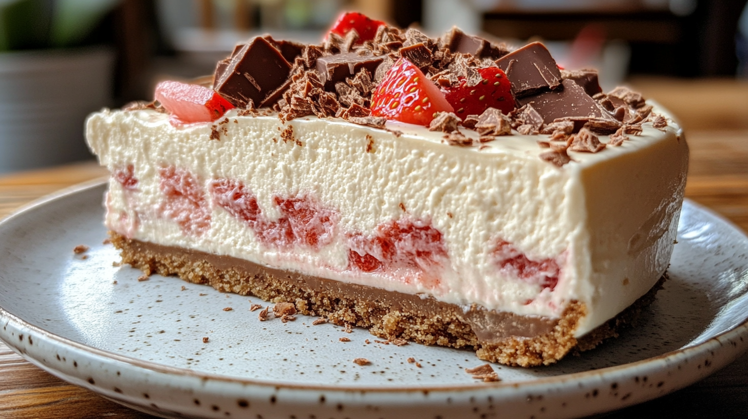 Close-up of a slice of white chocolate strawberry cheesecake Snickers dessert on a rustic white plate with creamy cheesecake filling, chopped Snickers, and a crumbly biscuit crust.