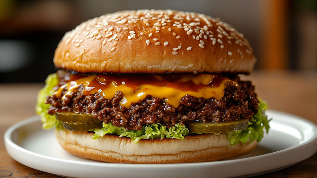 A homemade Big Mac sloppy joe with sesame seed bun, juicy beef filling, melted cheddar cheese, pickles, special sauce, and lettuce on a white plate.