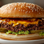 A homemade Big Mac sloppy joe with sesame seed bun, juicy beef filling, melted cheddar cheese, pickles, special sauce, and lettuce on a white plate.