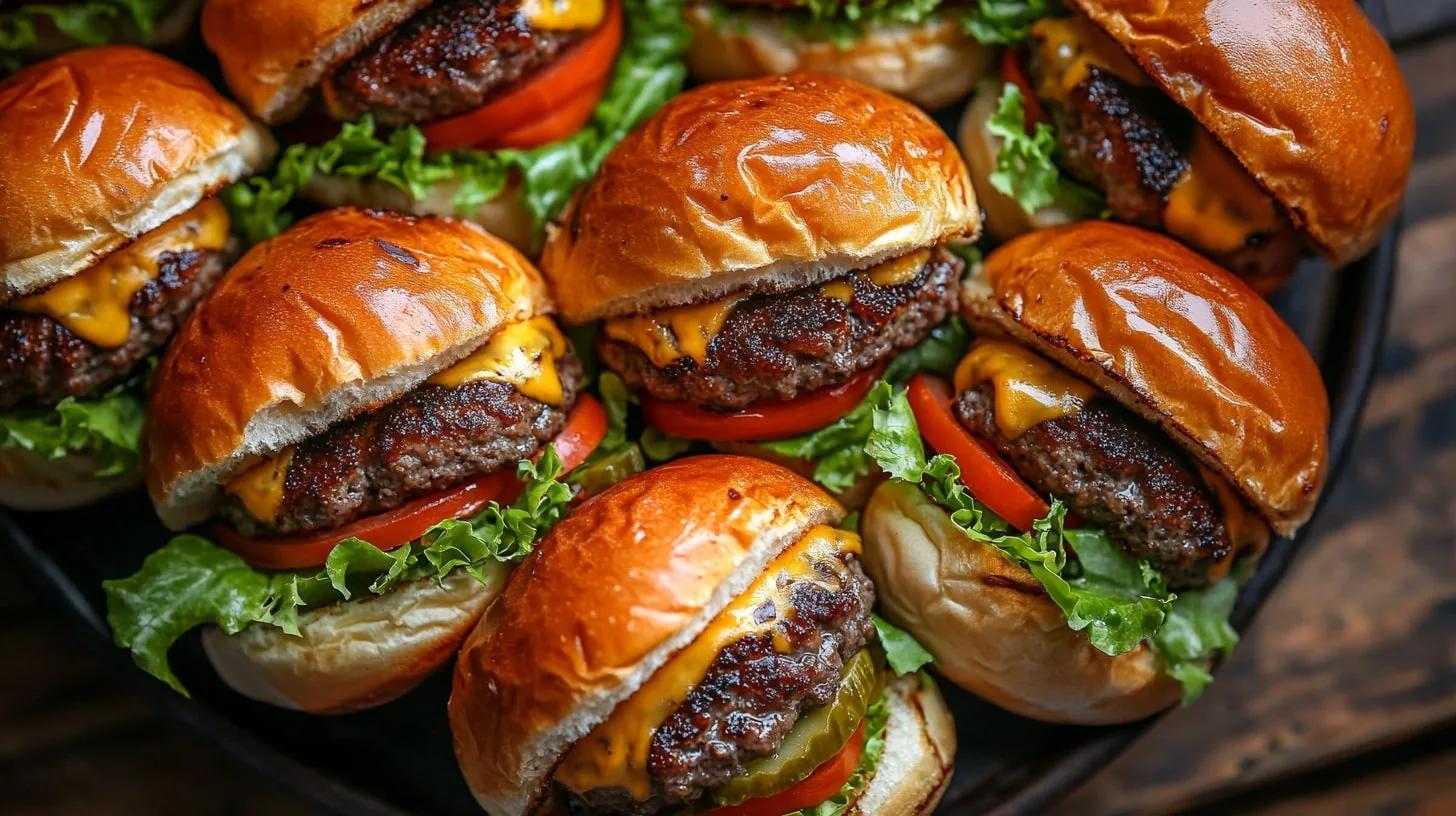 Delicious Hawaiian roll mini burgers arranged on a platter, featuring soft rolls, juicy patties, and flavorful toppings.
