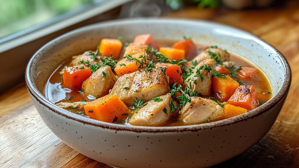 Hearty Paleo crock pot chicken stew with sweet potatoes, carrots, and fresh herbs served in a white bowl – perfect slow cooker meal.