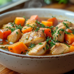 Hearty Paleo crock pot chicken stew with sweet potatoes, carrots, and fresh herbs served in a white bowl – perfect slow cooker meal.