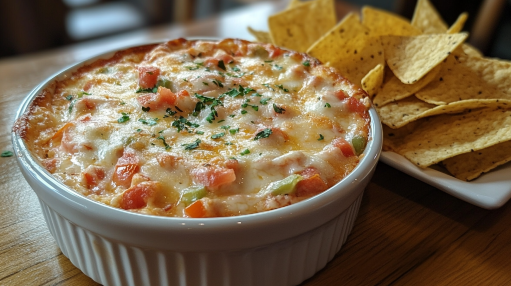 A bowl of creamy Rotel dip with visible diced tomatoes and chilies, served with tortilla chips—the perfect easy Rotel dip recipe for parties.