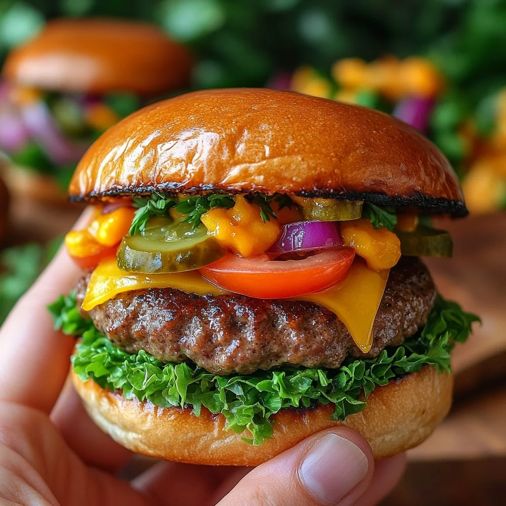 Hand holding an assembled Hawaiian roll mini burger, showcasing the layers of soft roll, juicy patty, melted cheese, and fresh toppings.