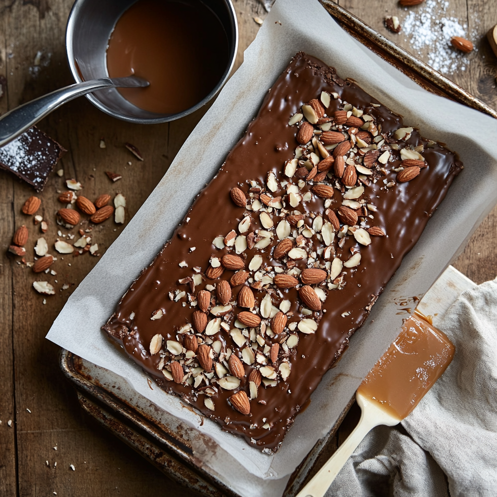 Step-by-step assembly of almond Snickers bars on a parchment-lined tray, featuring nougat, caramel, and roasted almonds in progress, captured naturally in a home kitchen.