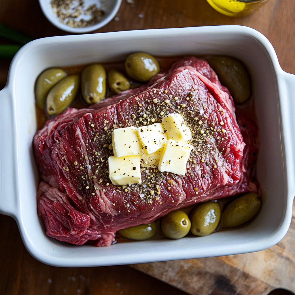 Assembling a Mississippi pot roast with raw beef chuck roast, ranch seasoning, butter pats, and pepperoncini peppers in a white ceramic baking dish, ready for oven cooking.