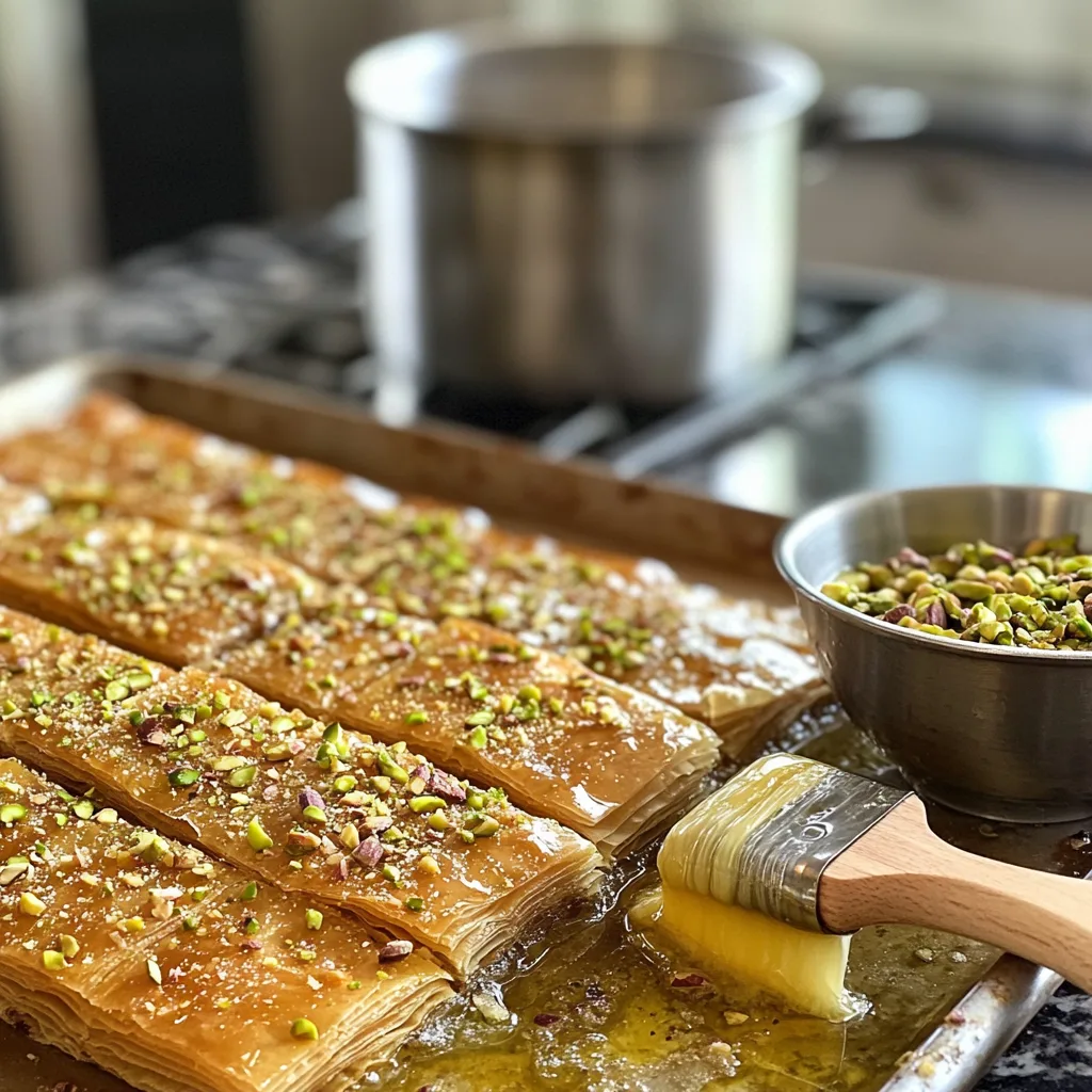 Step-by-step baclava assembly with buttered phyllo dough layers and chopped pistachios, highlighting the preparation process in this baclava guide.
