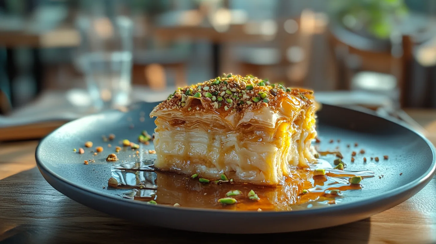 Final presentation of freshly made baclava with flaky phyllo layers, honey syrup, and crushed pistachios as part of a complete baclava guide.