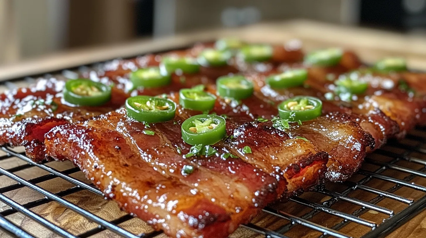 Final dish of crispy jalapeno bacon with caramelized edges and fresh jalapeno slices on a wire rack, showcasing a homemade spicy bacon recipe.