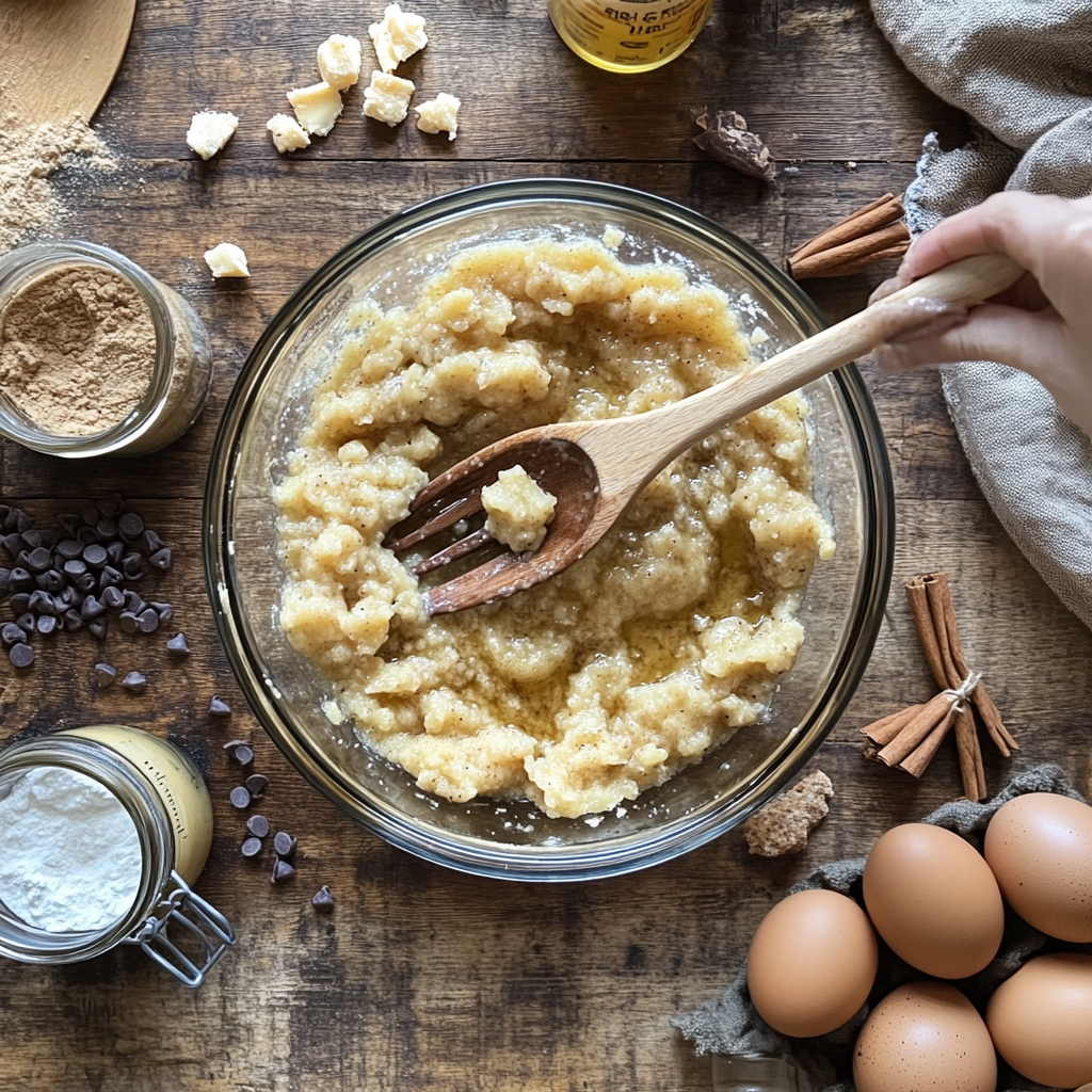 Ingredients being mixed for an easy banana bread recipe with oil, showcasing mashed bananas, sugar, and oil in a glass bowl with kitchen tools around.