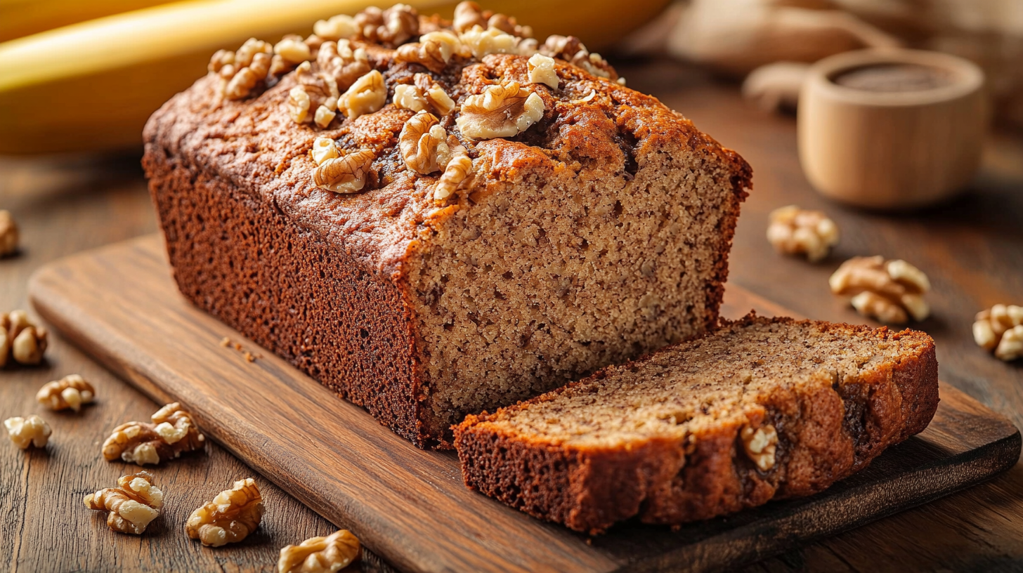 Moist and tender banana bread made with oil, sliced to reveal the soft, flavorful crumbs, perfect for an easy banana bread recipe.