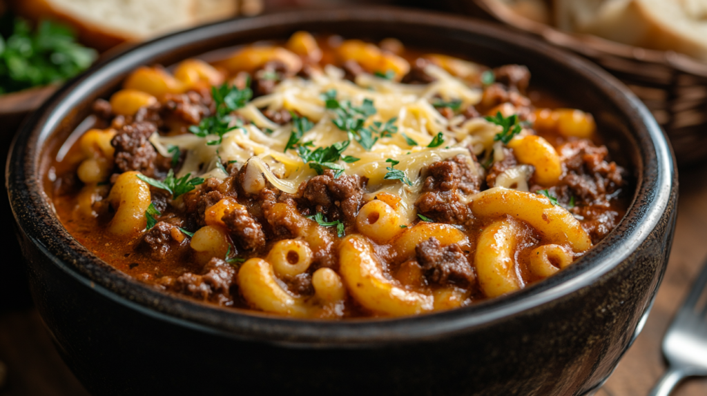 Plate of freshly cooked crock pot goulash with tender beef, macaroni, and a rich tomato sauce, garnished with parsley, served with garlic bread.