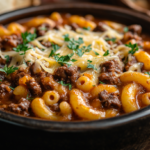 Plate of freshly cooked crock pot goulash with tender beef, macaroni, and a rich tomato sauce, garnished with parsley, served with garlic bread.